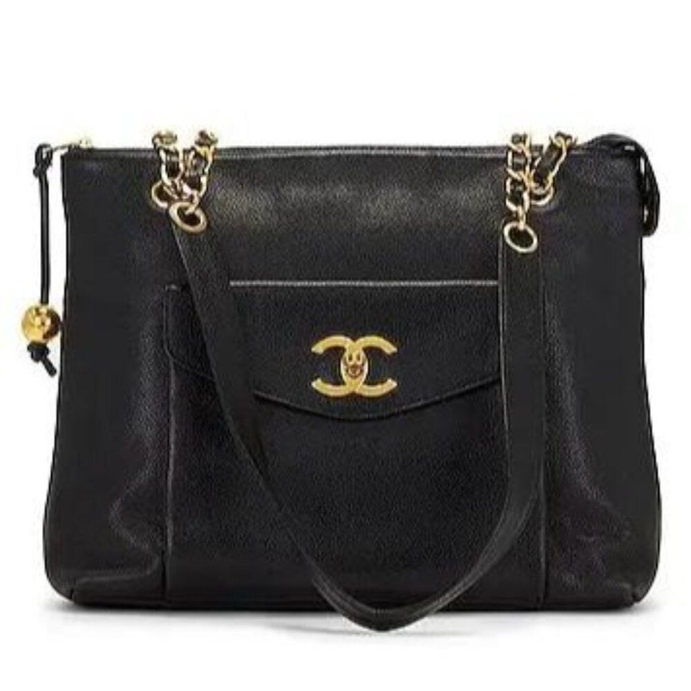 Authentic Vintage CHANEL Black Caviar Leather CC Logo Turn Lock Chain St…